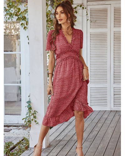 Women V-Neck Maxi Dress Short Sleeves Printed Floor Length Dress Bohemian Summer