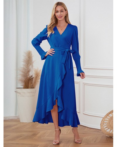 Maxi Dresses V-Neck Long Sleeves Polyester Ruffles Floor Length Dress Elegant Fall Winter