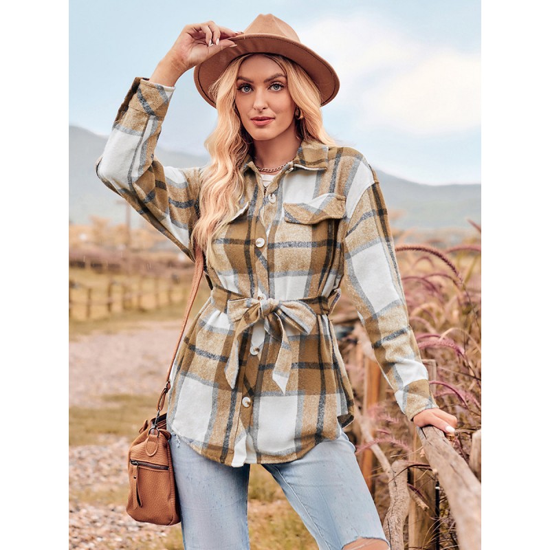 Women Jacket Turndown Collar Sash Plaid Polyester Casual