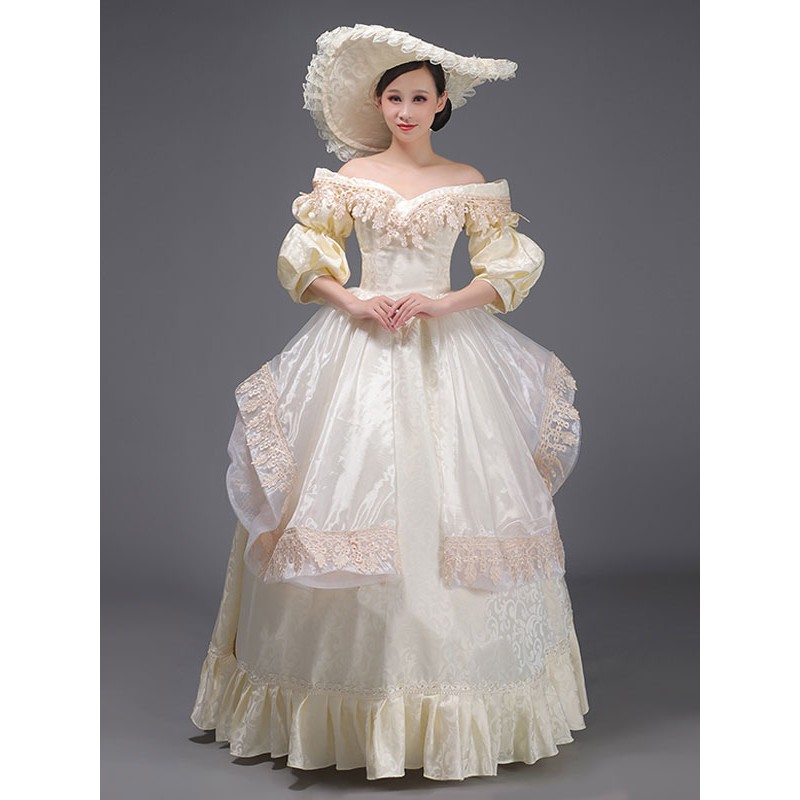 Women Champagne Retro Costumes 's Lace Ruffles Polyester Marie Antoinette Costume Dress Hat Masquerade Ball Gown Tunic Vintage Royal