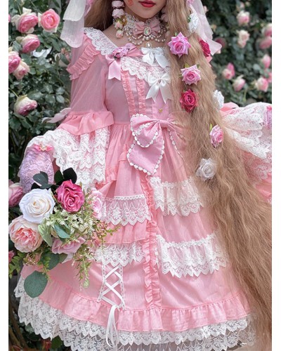 Sweet Lolita OP Dress Chiffon Long Sleeves Bows Ruffles Lace Up Pink Lolita One Piece Dress