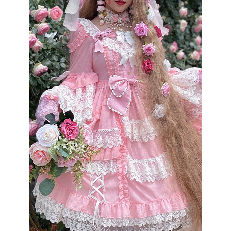 Sweet Lolita OP Dress Chiffon Long Sleeves Bows Ruffles Lace Up Pink Lolita One Piece Dress