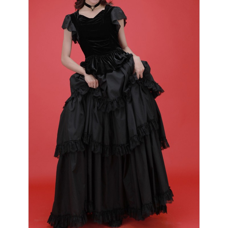 Lolita Dresses Tiered Lace Black Black Steampunk Gothic Spring Summer Fall