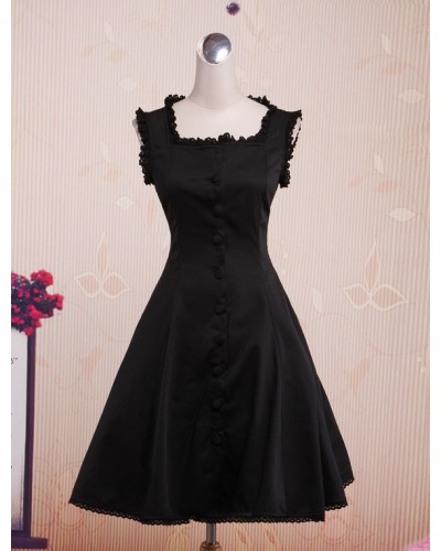 Classic Black Cotton Square Neck Lolita Jumper Skirt Daily Casual