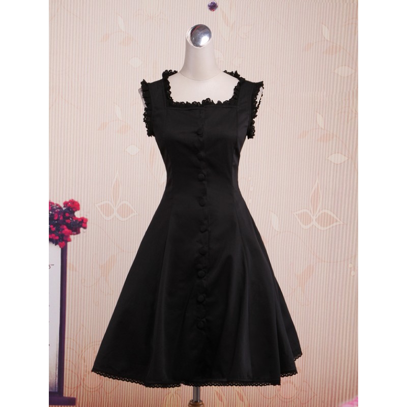 Classic Black Cotton Square Neck Lolita Jumper Skirt Daily Casual