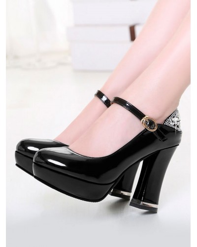 Classic Lolita Pump Rhinestone Cut Out Ankle Strap Patent Platform Chunky Heel Lolita Shoes Daily Casual