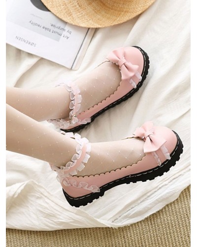 Sweet Lolita Shoes Bows Ruched Leather Flat Lolita Pumps