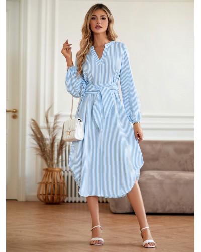 Midi Dress Blue V-Neck Stripe Print Long Sleeves Fall Dress For Women Bodycon Daily Casual Office  Career