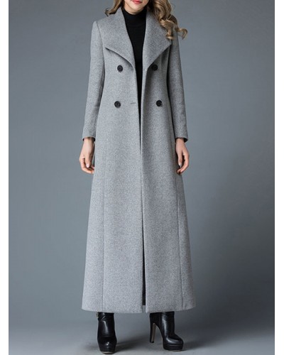 Coat For Woman Turndown Collar Buttons Grey Wrap Coat Retro Winter