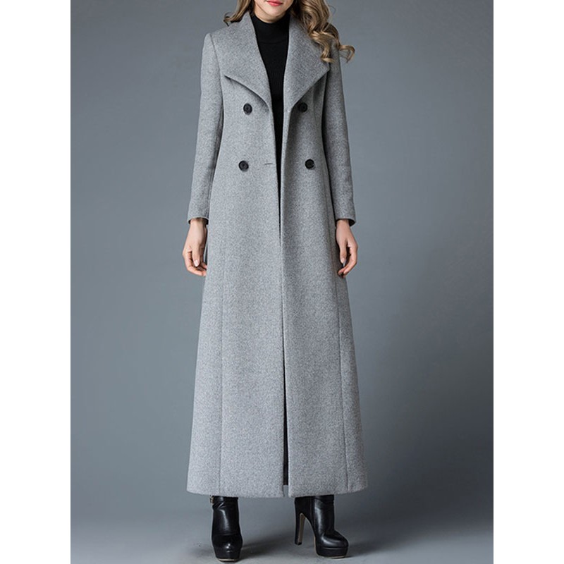 Coat For Woman Turndown Collar Buttons Grey Wrap Coat Retro Winter