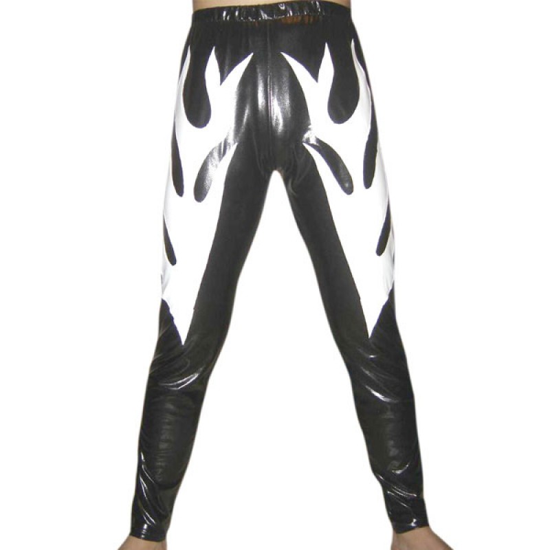 Black Shiny Metallic Pants With White Fire Decoration