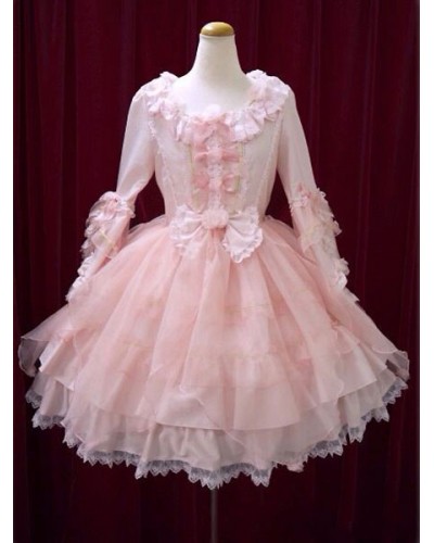 Sweet Lolita Dress OP Pink Bow Hime Sleeve Ball Gown Lolita One Piece Dress  Tea Party