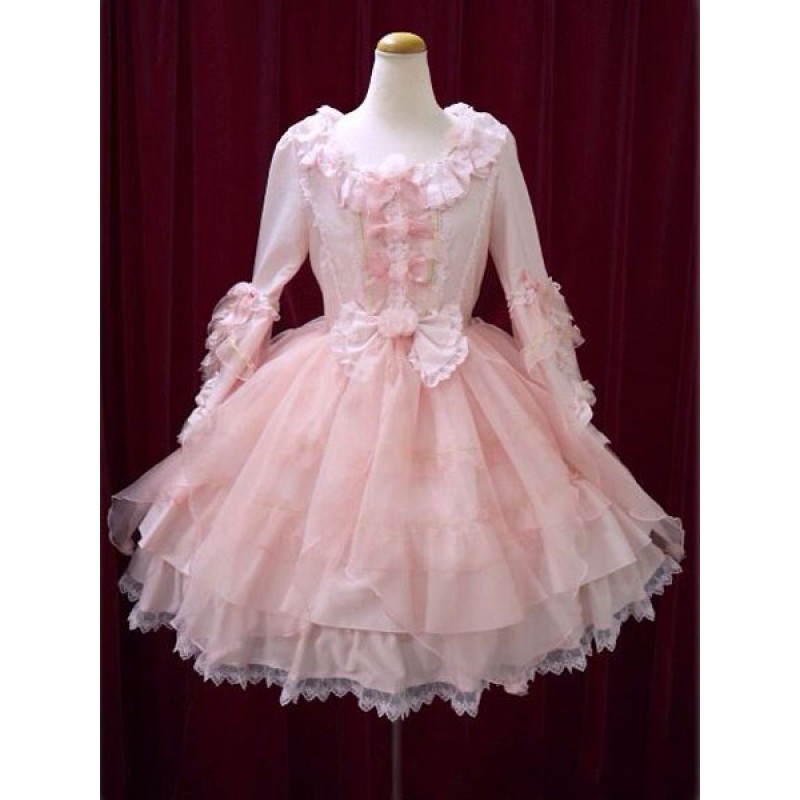 Sweet Lolita Dress OP Pink Bow Hime Sleeve Ball Gown Lolita One Piece Dress  Tea Party