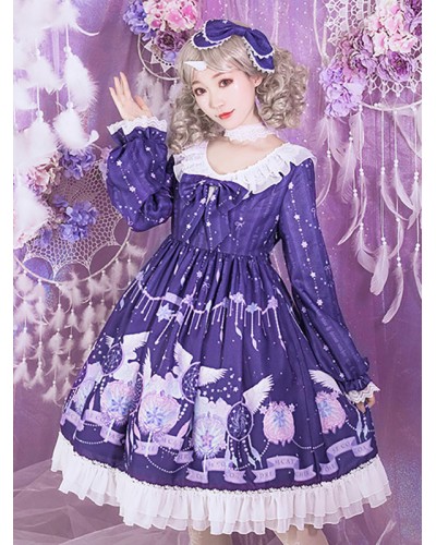 Lolita OP Dress Purple Long Sleeves Polyester Bows Lolita One Piece Dresses Sweet Spring Summer Daily Casual