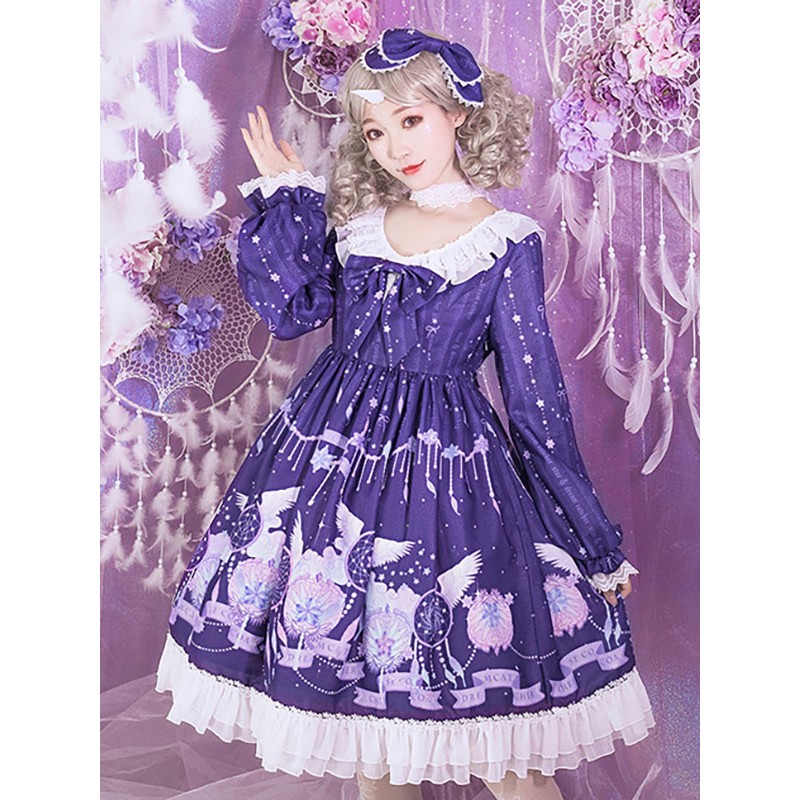 Lolita OP Dress Purple Long Sleeves Polyester Bows Lolita One Piece Dresses Sweet Spring Summer Daily Casual