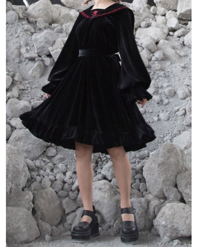 Lolita OP Dress Velour Long Sleeve Lolita One Piece Dress Gothic Daily Casual