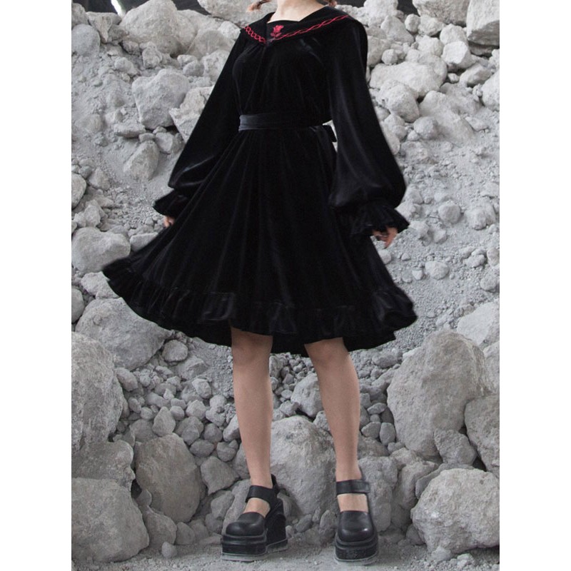 Lolita OP Dress Velour Long Sleeve Lolita One Piece Dress Gothic Daily Casual