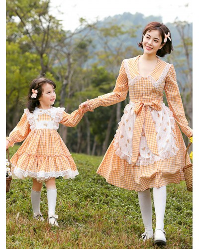 Parent-child Plaid Lolita OP Dress Orange Ruffles Lace Lolita One Piece Dresses Spring Summer Fall Daily Casual