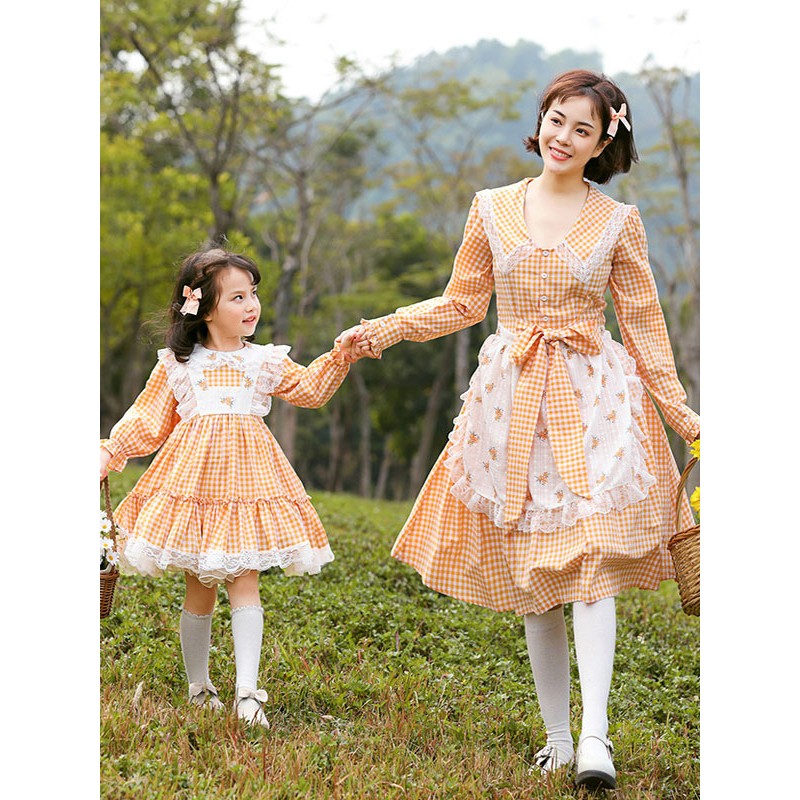 Parent-child Plaid Lolita OP Dress Orange Ruffles Lace Lolita One Piece Dresses Spring Summer Fall Daily Casual