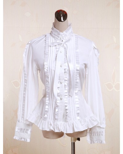 White Cotton Lolita Blouse Long Sleeves Stand Colalr Lace Bow Layered Ruffles Sweet