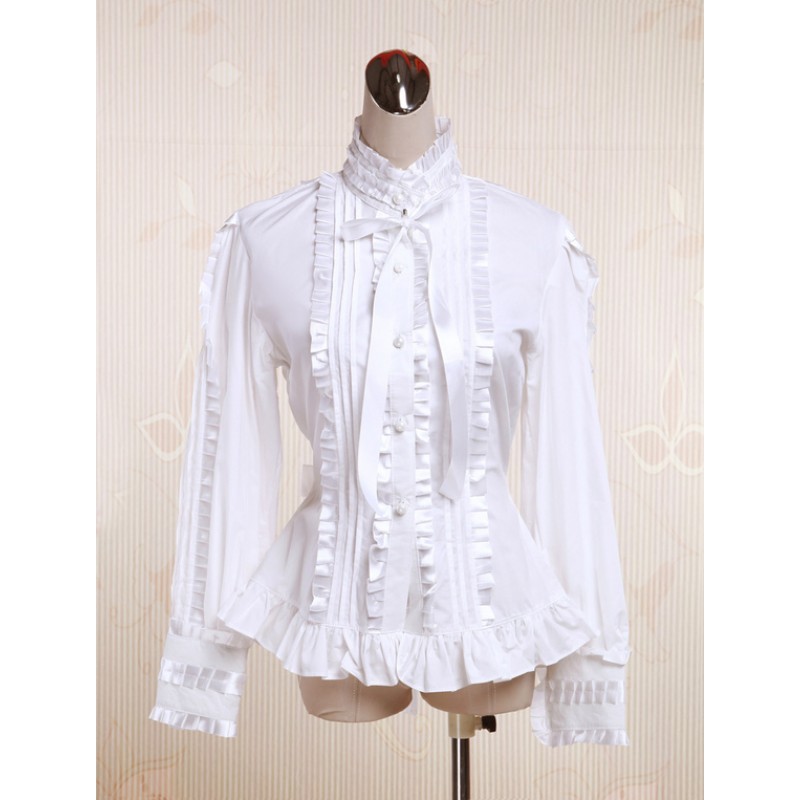 White Cotton Lolita Blouse Long Sleeves Stand Colalr Lace Bow Layered Ruffles Sweet