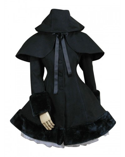 Gothic Lolita Outfits Wool Black Ribbons Hooded Cape With Coat Fall Winter