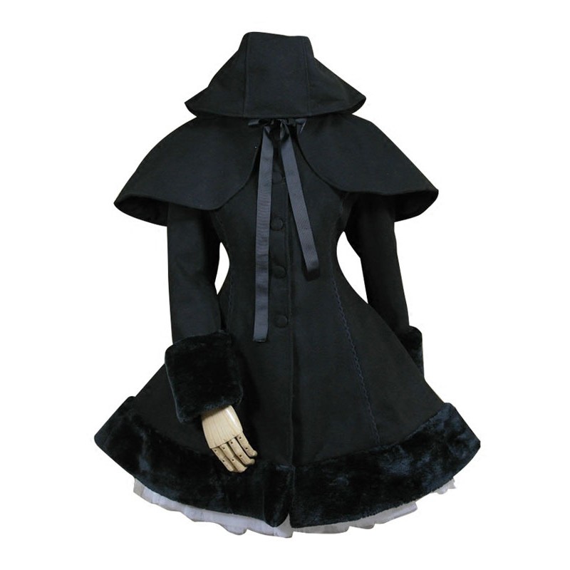 Gothic Lolita Outfits Wool Black Ribbons Hooded Cape With Coat Fall Winter