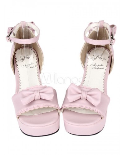 PU Leather Pink Open Toe Mid Heel Round Toe Lolita Sandals