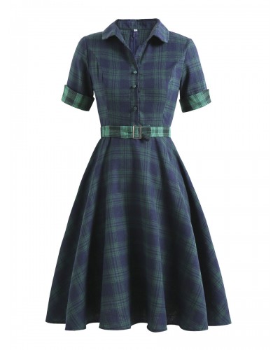 Women 1950s Audrey Hepburn Style Dress V Neck Turndown Collar Short Sleeves Knee Length Plaid Swing Dress Vintage Daily Casual