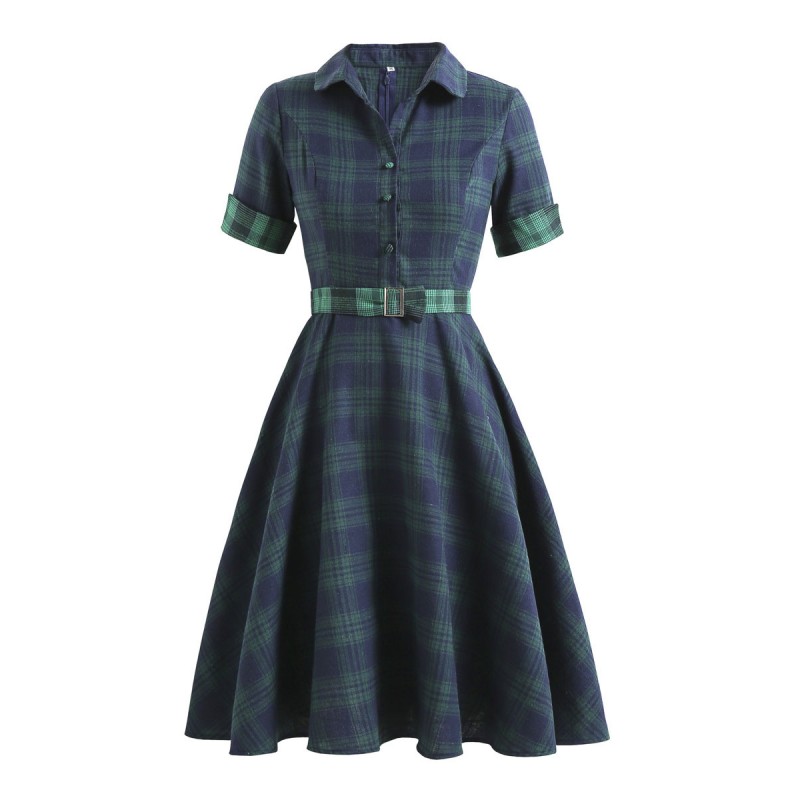 Women 1950s Audrey Hepburn Style Dress V Neck Turndown Collar Short Sleeves Knee Length Plaid Swing Dress Vintage Daily Casual