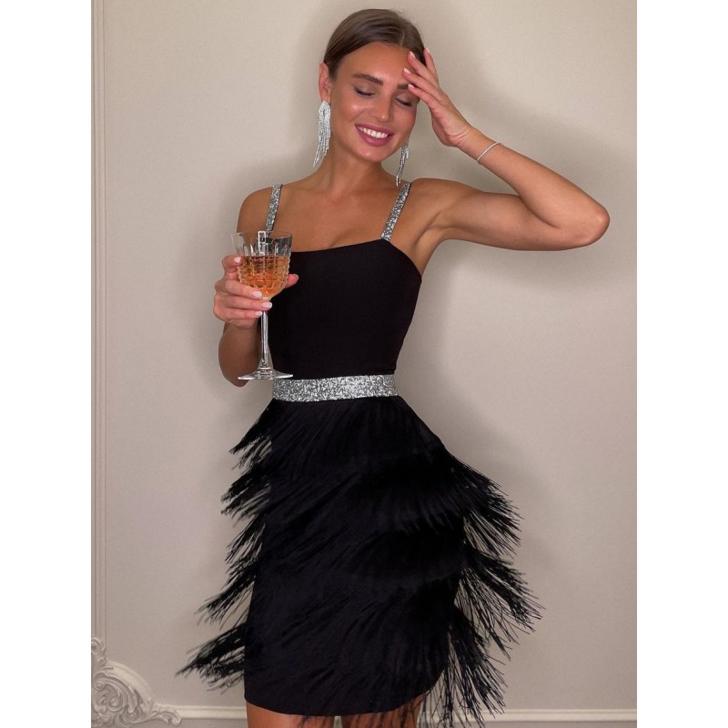 Birthday Club Dress For Women V-Neck Fringe Sleeveless Two-Tone Backless Black Dress Sexy