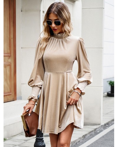 Women Velvet Dress Burgundy High Collar Long Sleeves Fall Mini Dresses Bodycon Spring Winter