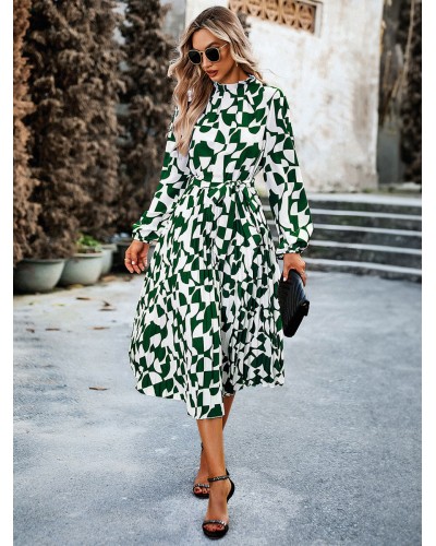 Printed Midi Dresses Jewel Neck Long Sleeves Medium Dress Chic  Modern Casual Spring Fall