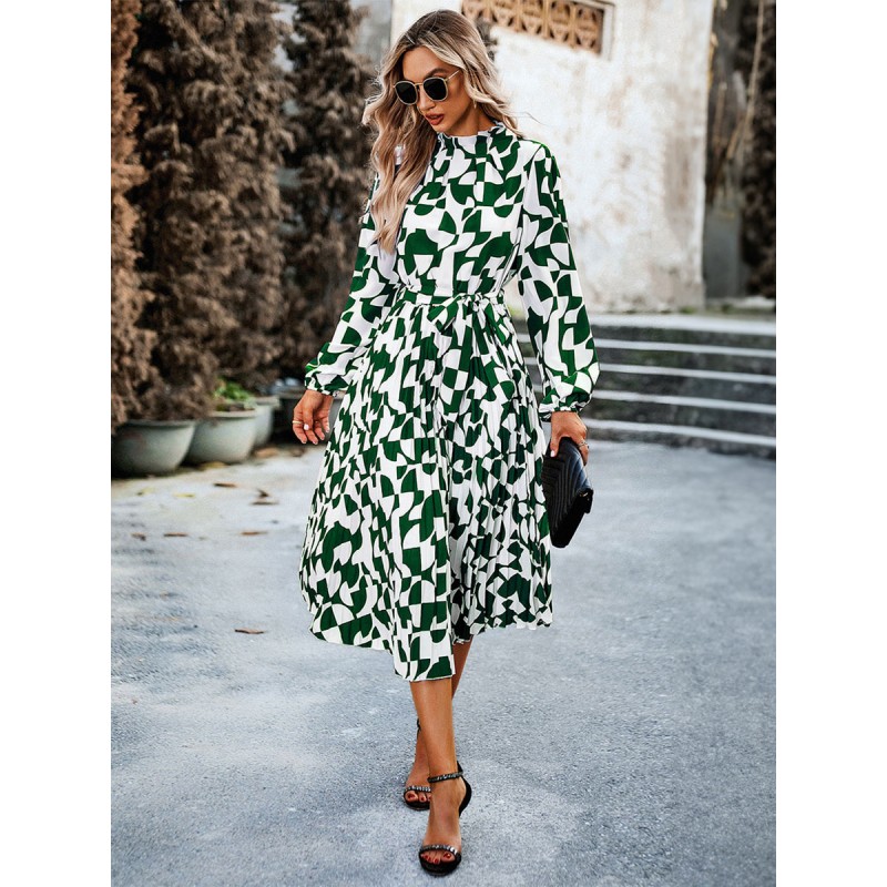 Printed Midi Dresses Jewel Neck Long Sleeves Medium Dress Chic  Modern Casual Spring Fall