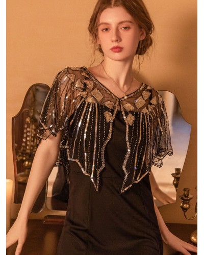 Women 1920S Poncho V-Neck Sheer Sequins Cape Retro Party Graduation Performance