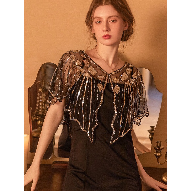 Women 1920S Poncho V-Neck Sheer Sequins Cape Retro Party Graduation Performance