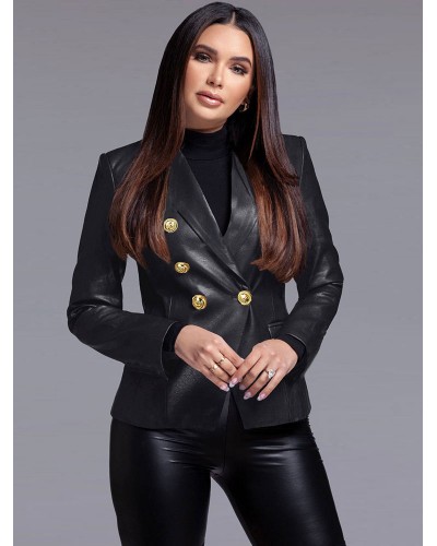 Women Faux Leather Blazer Jacket Metallic Gold Long Sleeve Turndown Collar Double Breasted Lapel Slim Fit Modern Outerwear Casual Spring Fall Winter Street Wear Indoor Field