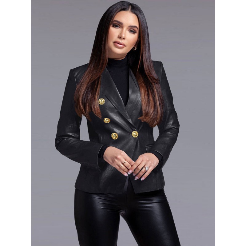 Women Faux Leather Blazer Jacket Metallic Gold Long Sleeve Turndown Collar Double Breasted Lapel Slim Fit Modern Outerwear Casual Spring Fall Winter Street Wear Indoor Field