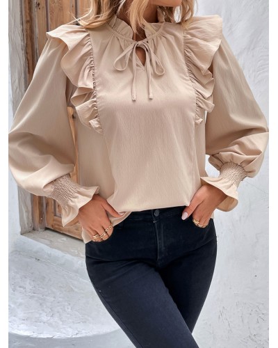 Blouse For Women Apricot Ruffles V-Neck Long Sleeves Tops Casual Street Wear Dating Office  Career