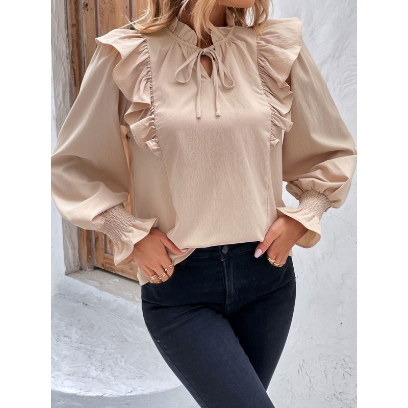 Blouse For Women Apricot Ruffles V-Neck Long Sleeves Tops Casual Street Wear Dating Office  Career