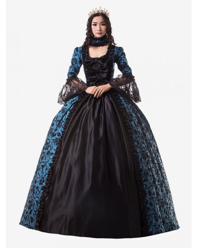 Women Victorian Dress Costume 's Blue Trim Ruffle Floral Print Victorian Era Style Set Matte Satin Ball With Choker Vintage Clothing Halloween Sets Victorian Era