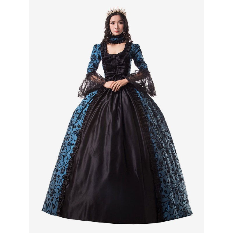 Women Victorian Dress Costume 's Blue Trim Ruffle Floral Print Victorian Era Style Set Matte Satin Ball With Choker Vintage Clothing Halloween Sets Victorian Era