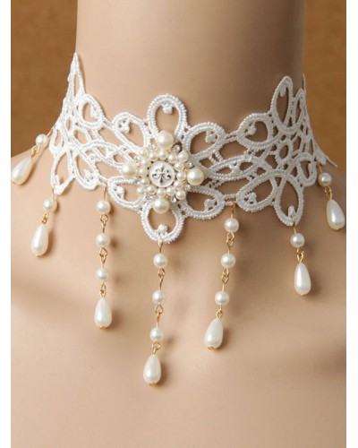 Classic Lolita Necklace Pearl Bead Floral White Lolita Choker Necklace Accessories Classic  Traditional Tea Party