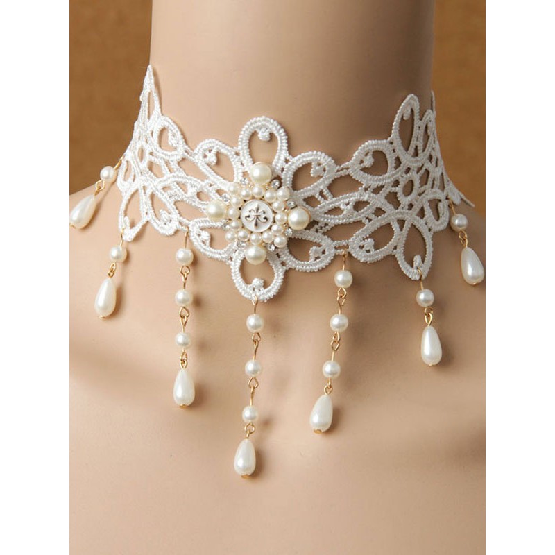 Classic Lolita Necklace Pearl Bead Floral White Lolita Choker Necklace Accessories Classic  Traditional Tea Party