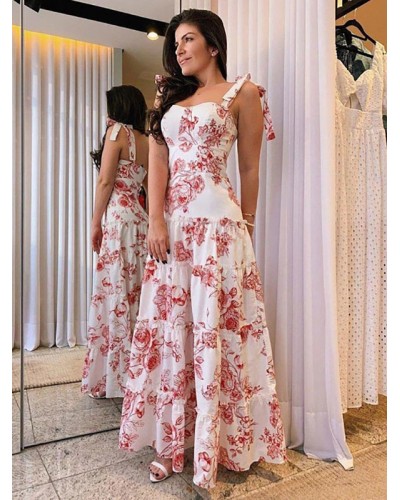 Dresses Sleeveless Red Floral Print Straps Neck Ruffles Layered Chiffon Long Dress Maxi Summer