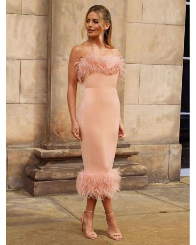 Birthday Feather Dress Sexy Sleeveless Midi Semi Formal Prom Dress Maxi Party