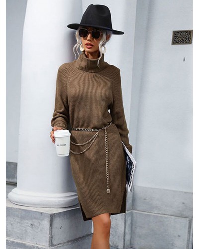 Women Birthday 's Knitted Dress Elegant Long Sleeves High Collar Dresses Sweater Spring Fall Winter