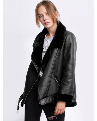 Women's Leather Jacket Faux Shearling PU Jacket Winter Outerwear Moto