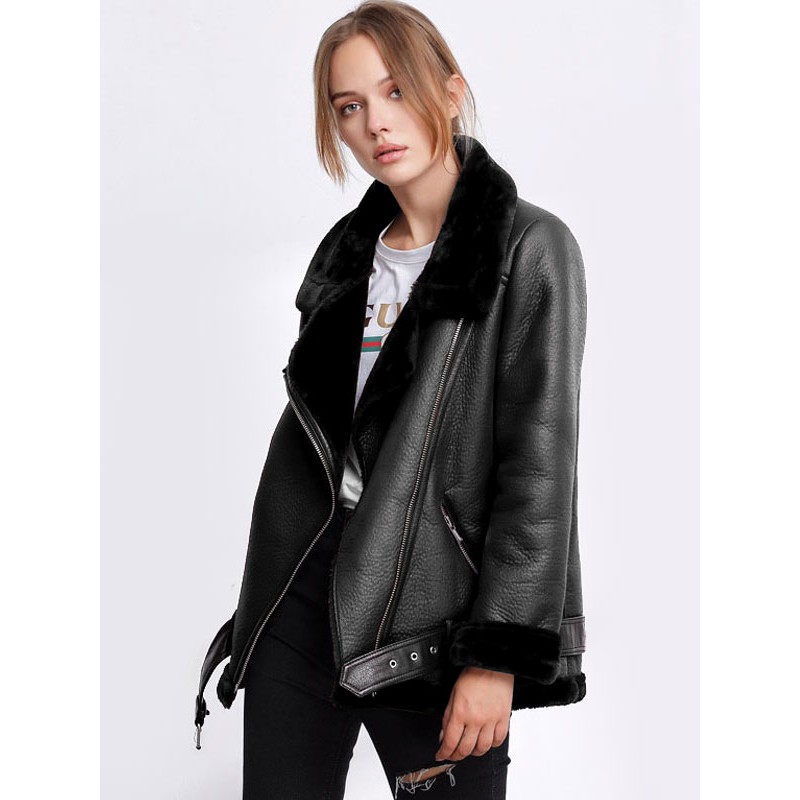 Women's Leather Jacket Faux Shearling PU Jacket Winter Outerwear Moto