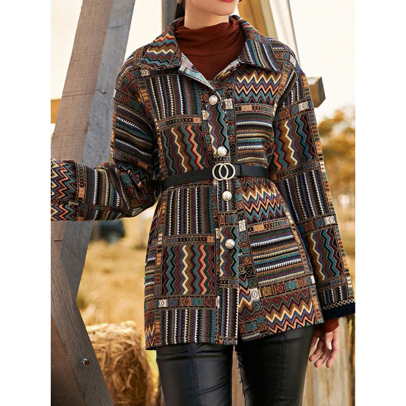 Women Jacket Turndown Collar Printed Winter Warm Outerwear Classic  Traditional Casual